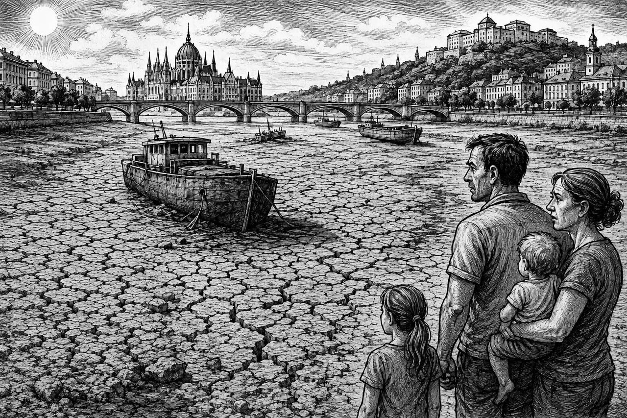 Editorial cartoon depicting the Danube drying up and putting millions of Europeans at risk