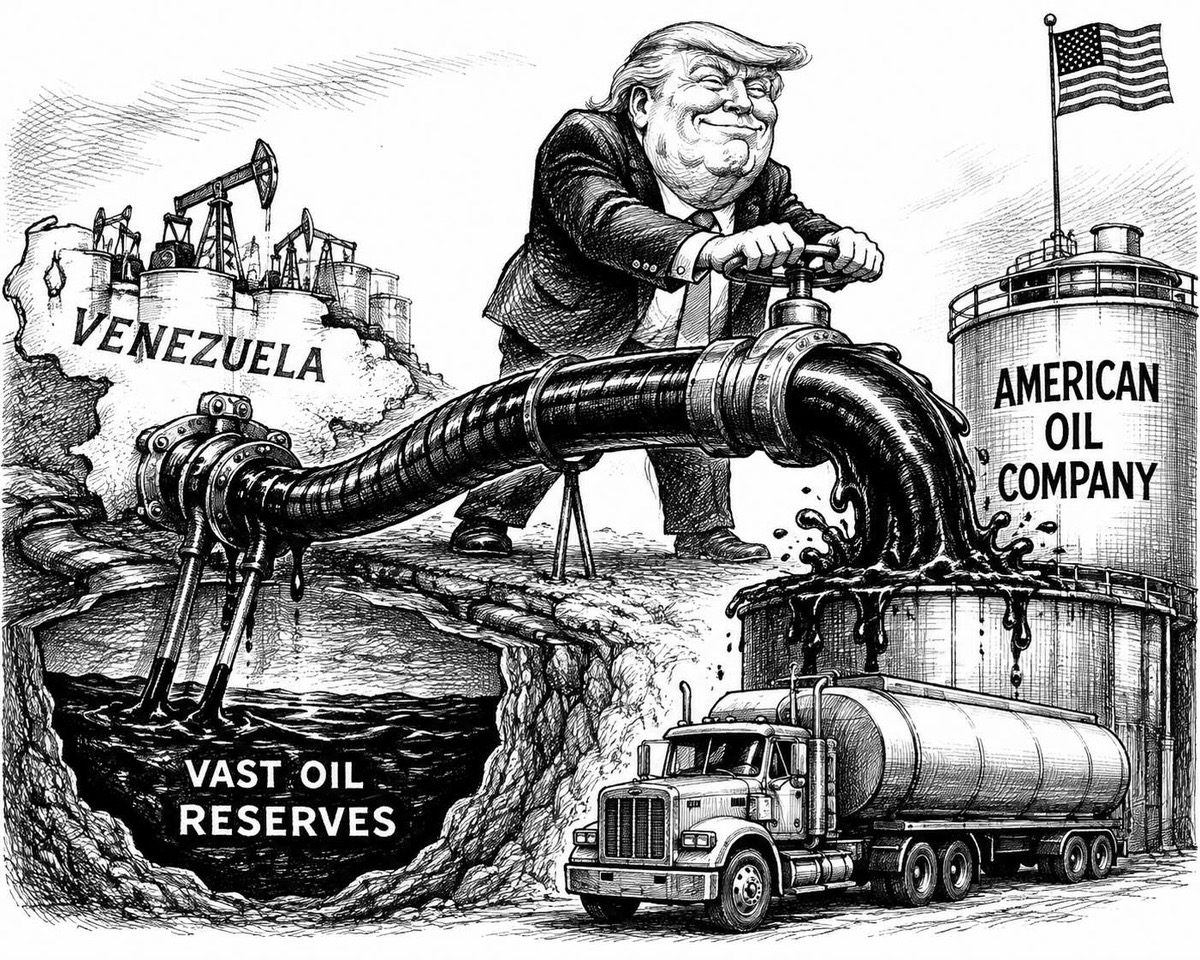 Editorial cartoon about American control of Venezuelan oil reserves